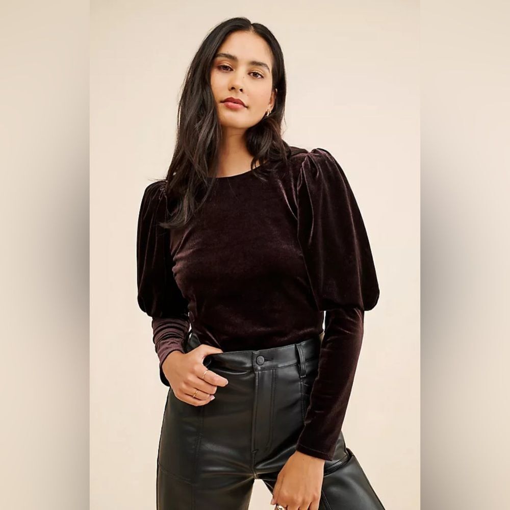 Anthropologie Sunday in Brooklyn Velvet Puff Sleeve Blouse - Deep Brown NWOT